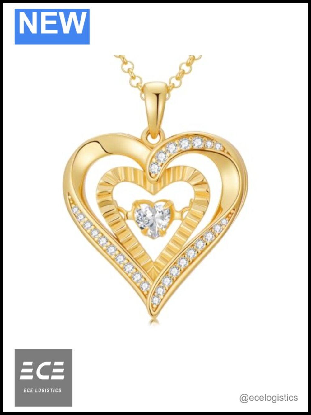 1 CT Moissanite Double Heart Pendant Necklace Gold Plated Silver